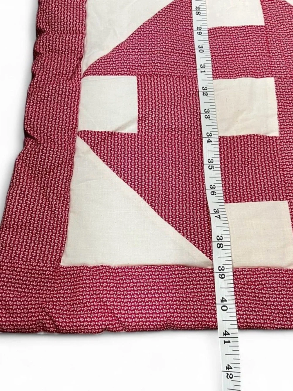 Handmade Machine Sewn White and Deep Red Patchwork Quilt